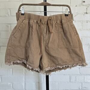 Tracies Khaki Elastic Waist Drawstring Shorts Size XL Frayed Raw Hem Boho Casual